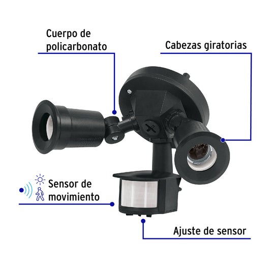 Arbotante negro con sensor de movimiento, lámparas no incluidas, Volteck