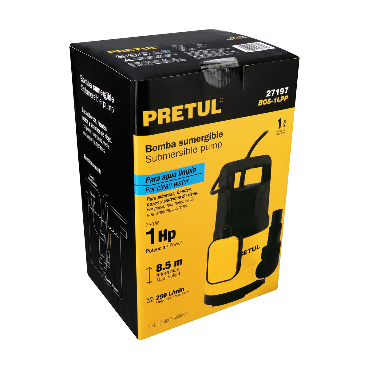 Bomba sumergible plástica 1 HP para agua limpia, PRETUL