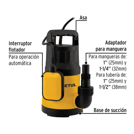 Bomba sumergible plástica 1 HP para agua limpia, PRETUL