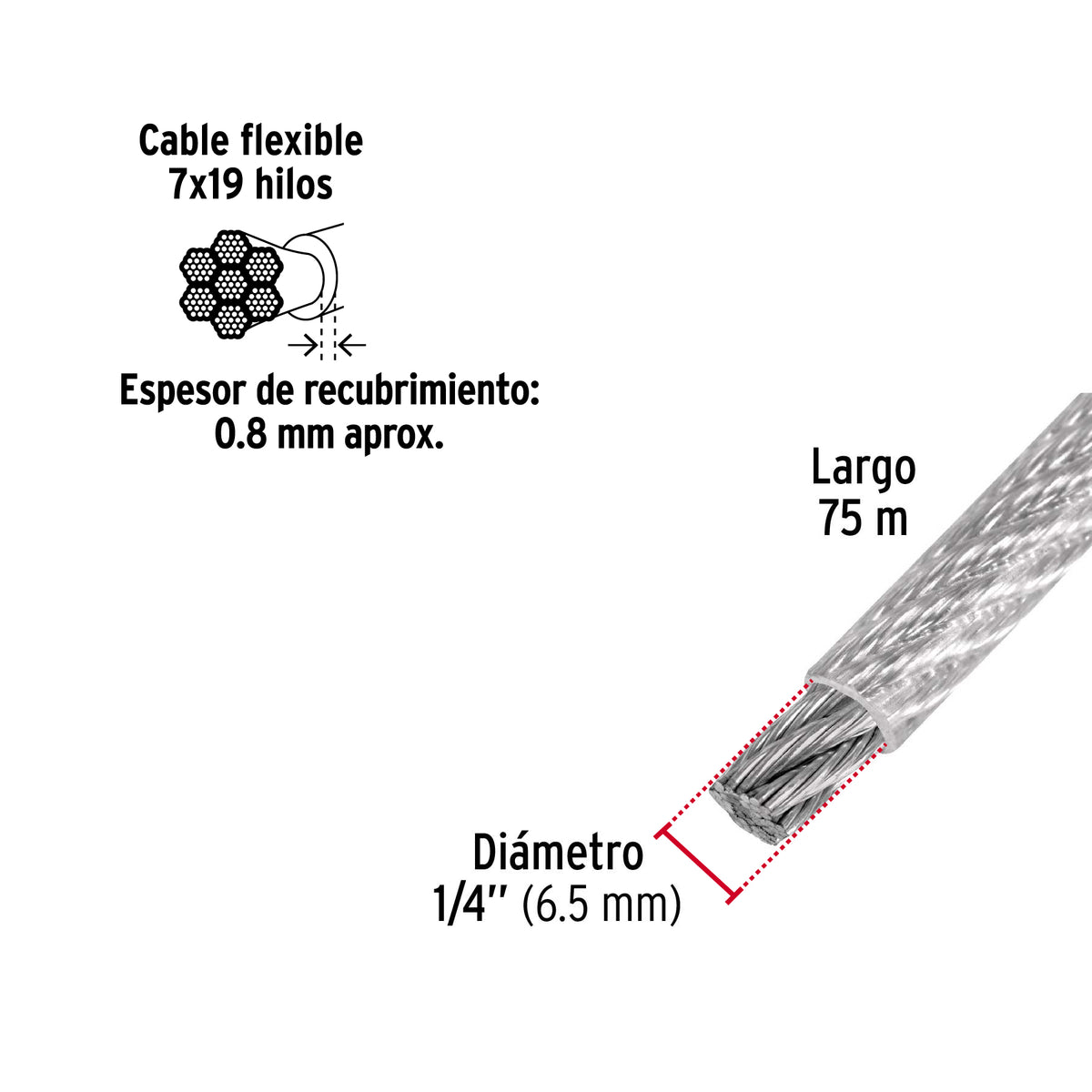 Metro cable flexible 1/4” acero 7x19 recubierto PVC, 75 m, FIERO