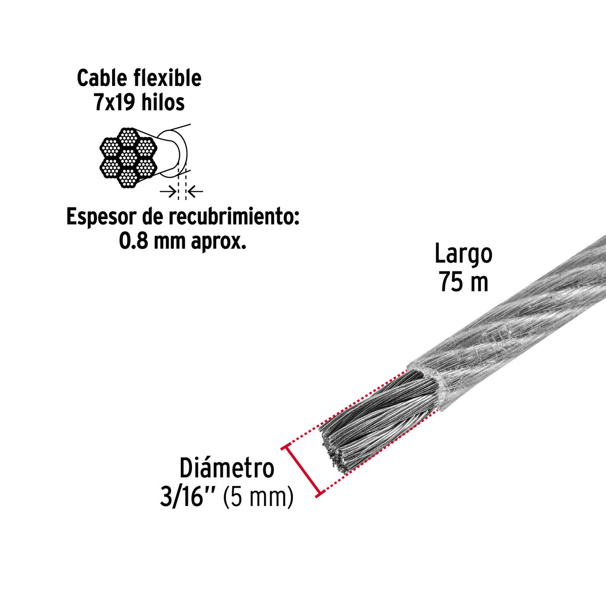 Metro cable flexible 3/16” acero 7x19 recubierto PVC, 75 m, FIERO