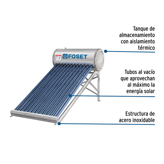 Calentador solar de agua, 12 tubos, 150 L, 4 personas, FOSET