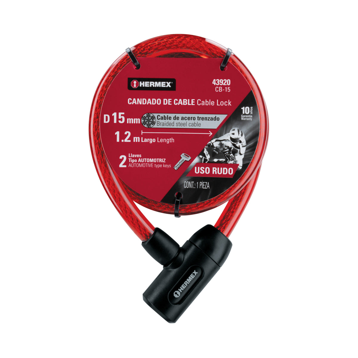 Candado de cable con llave, 15mm X 1.20 m, HERMEX