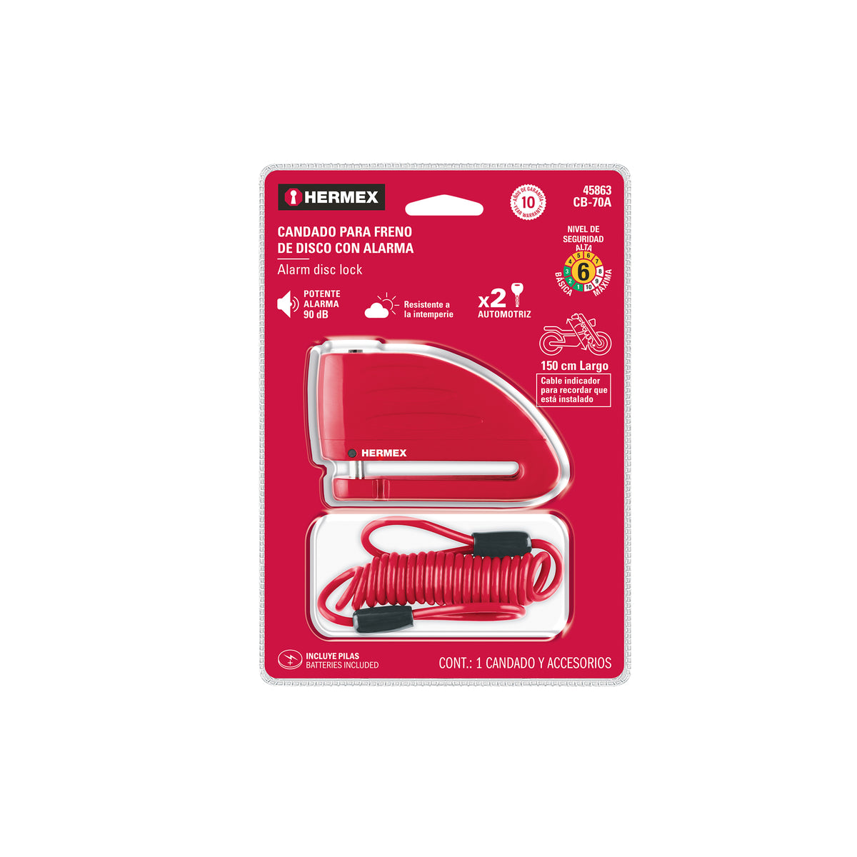 Candado para disco de motocicleta, perno de 7 mm, con alarma, HERMEX
