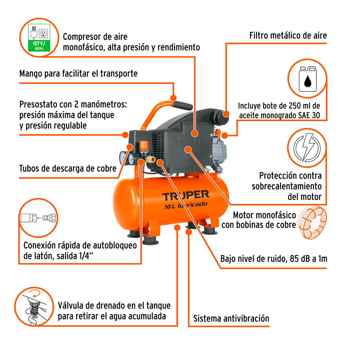 Compresor lubricado, 10 L, 2 HP, horizontal, 127 V