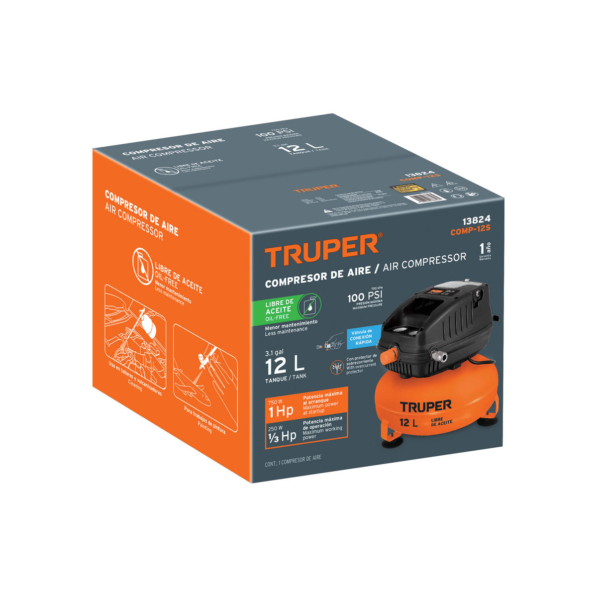 Compresor libre de aceite, 12 L, 1 HP, 127 V