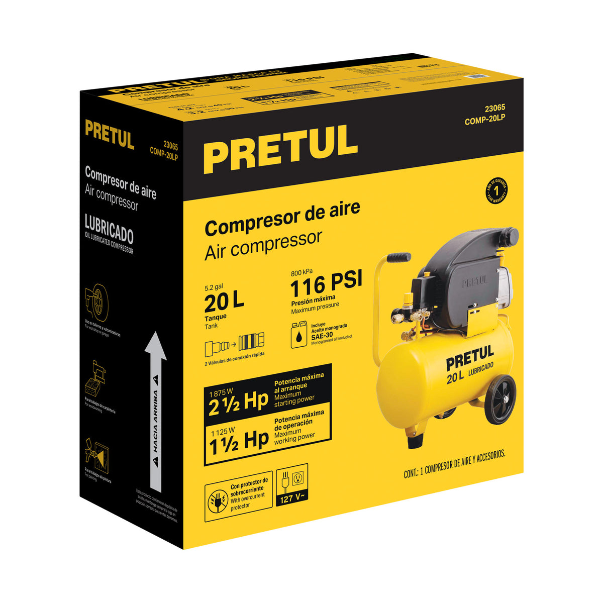 Compresor lubricado 20 L, 2-1/2 HP, horizontal, 127 V, PRETUL