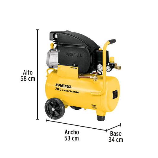 Kit compresor lubricado 20 L, manguera y pistola de gravedad, 127 V, PRETUL