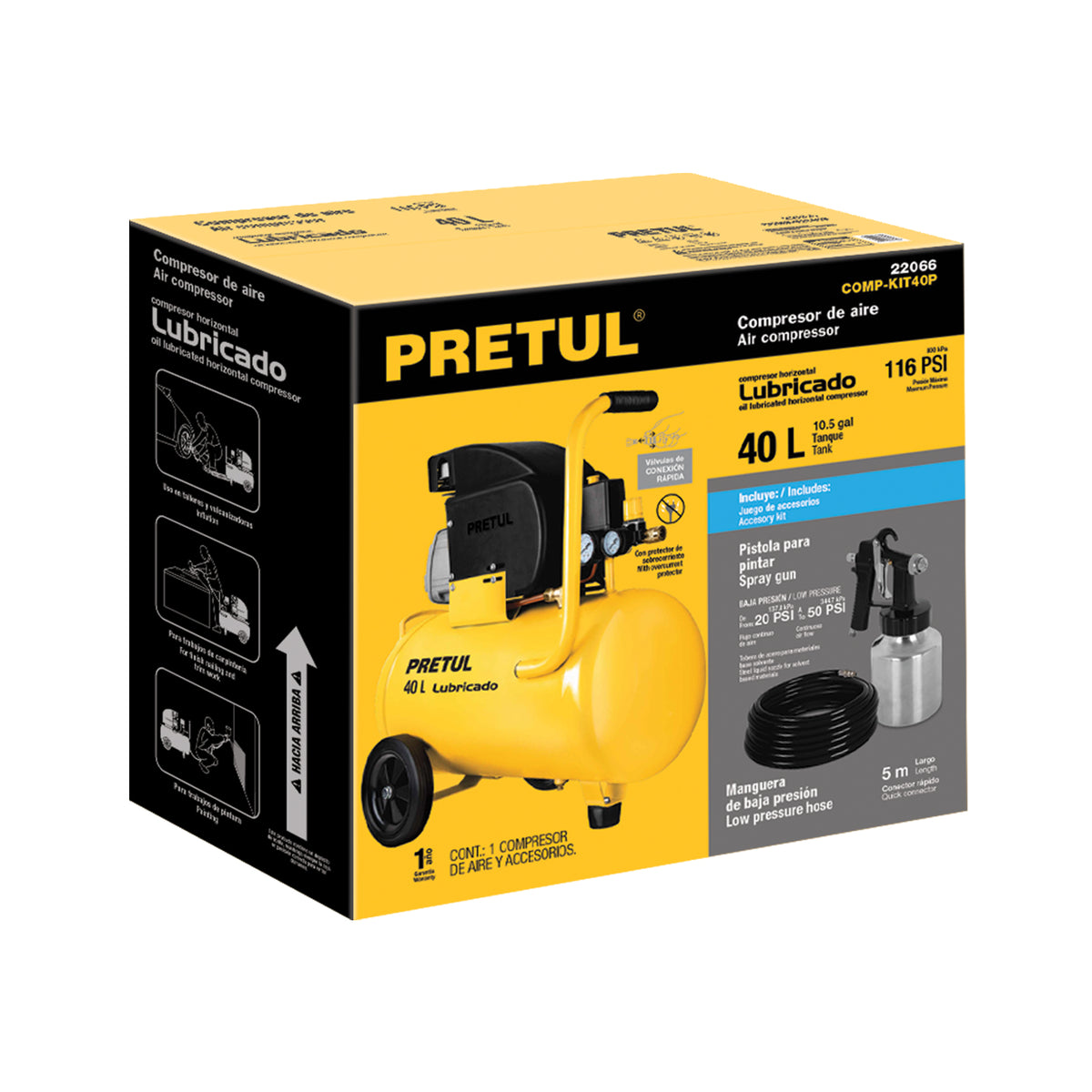 Kit compresor lubricado 40 L, manguera y pistola, 127 V, PRETUL