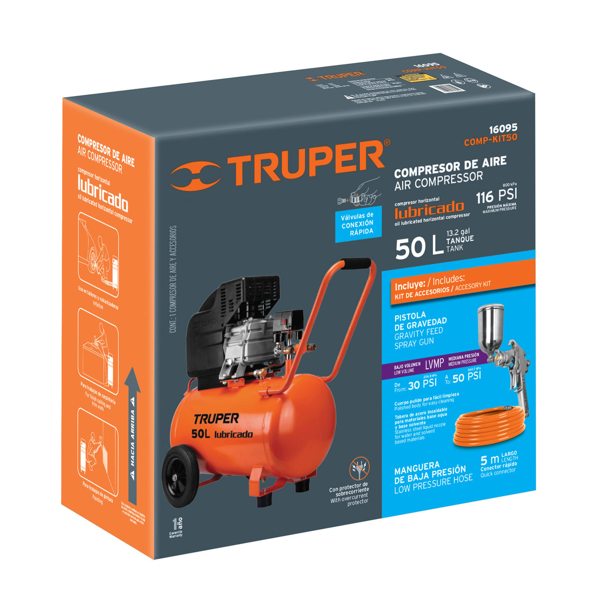Kit compresor lubricado 50 L con manguera y pistola, 127 V