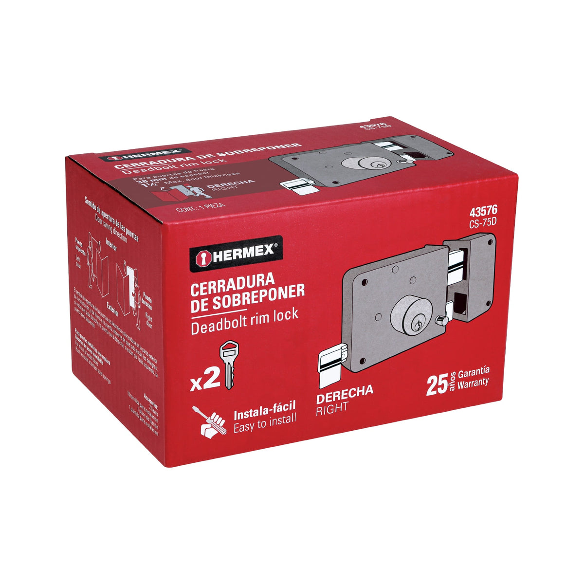 Cerradura de sobreponer derecha, instala-fácil, llave tradicional, caja, HERMEX