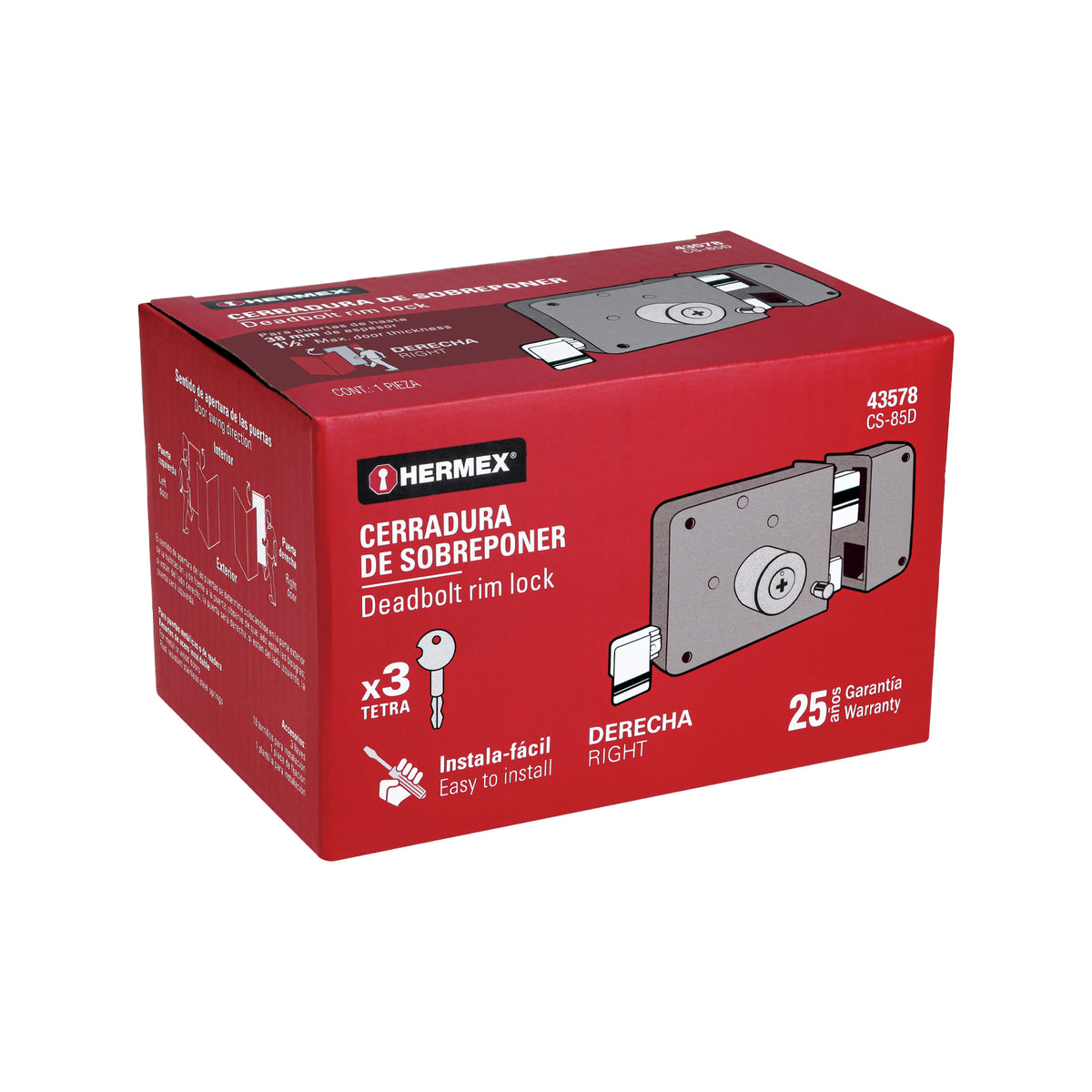 Cerradura de sobreponer derecha, instala-fácil, llave tetra, caja, HERMEX