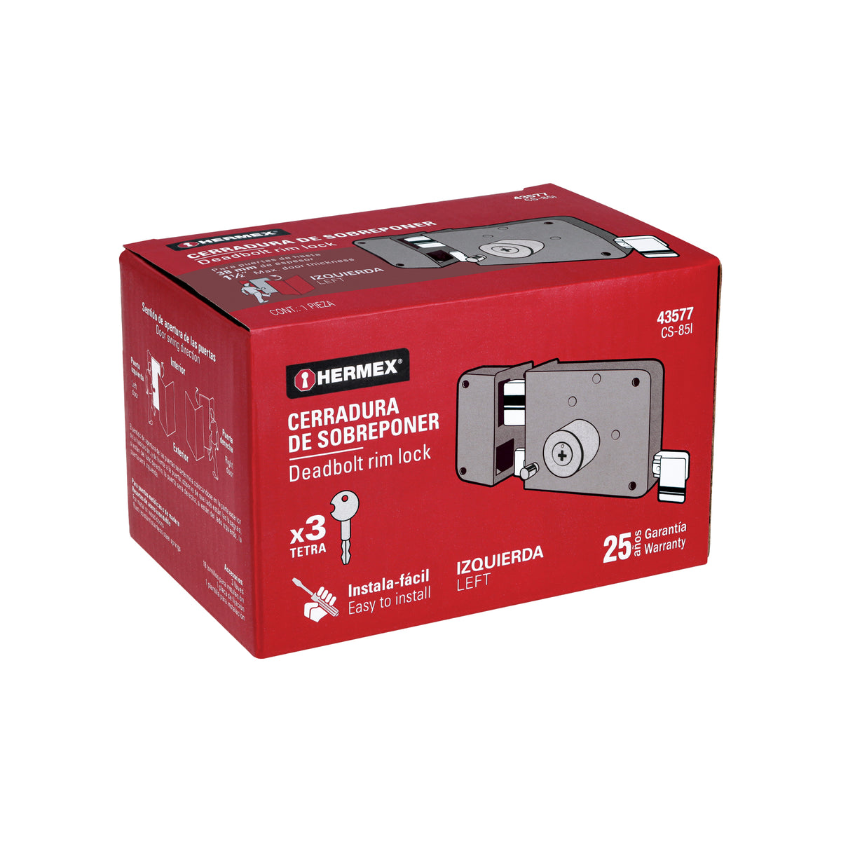 Cerradura de sobreponer izquierda, instala-fácil, llave tetra, caja, HERMEX