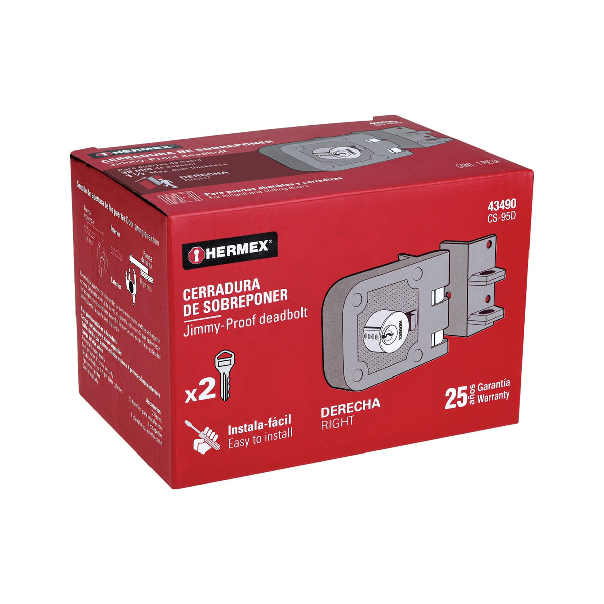 Cerradura de sobreponer para puerta corrediza, instala-fácil, derecha, HERMEX