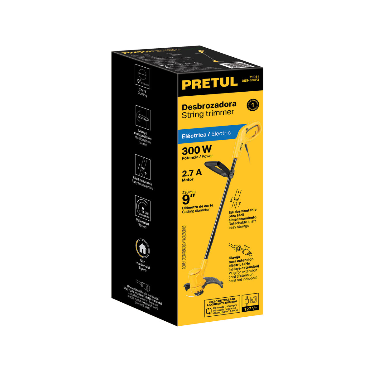 Desbrozadora eléctrica 300 W, mango “D”, 9” de corte, PRETUL