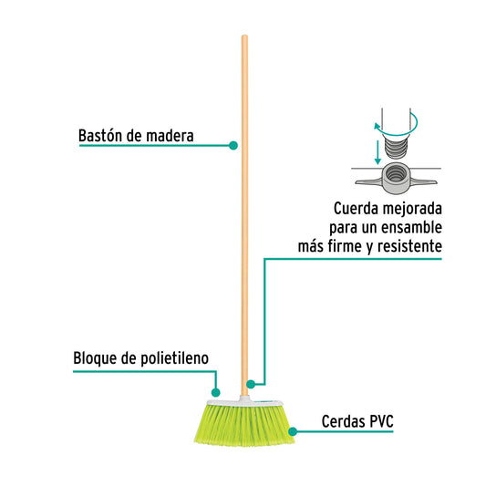 Escoba mediana tipo cepillo, cerdas de PVC, bastón de madera, KLINTEK