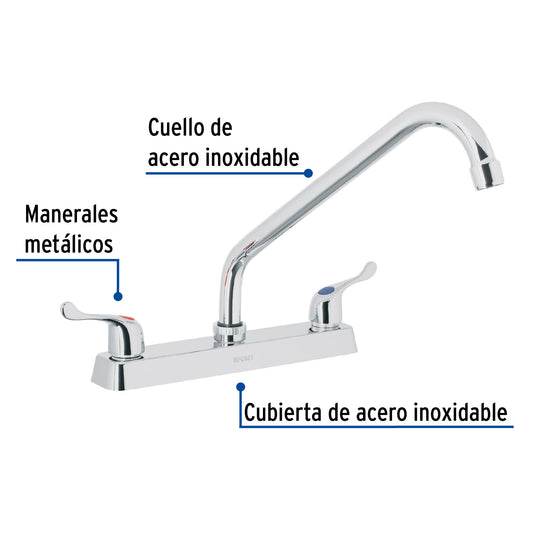 Mezcladora 8” fregadero cromo, cuello largo, palanca, BASIC