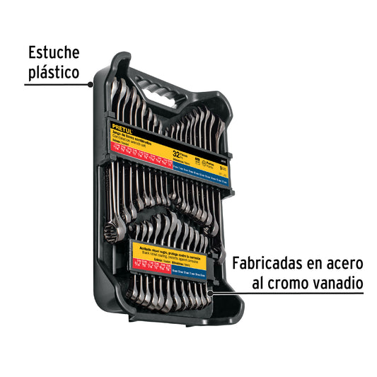 Juego de 32 llaves combinadas estándar y milimétricas, Gun Metal, PRETUL
