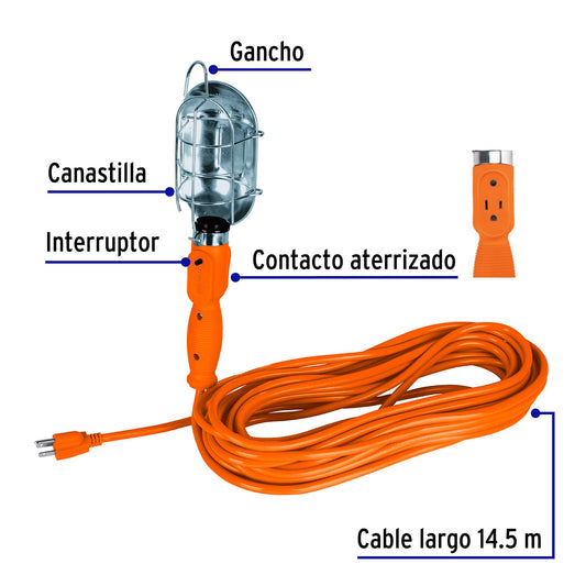 Lámpara de taller con canastilla metálica, 14.5 m, Volteck