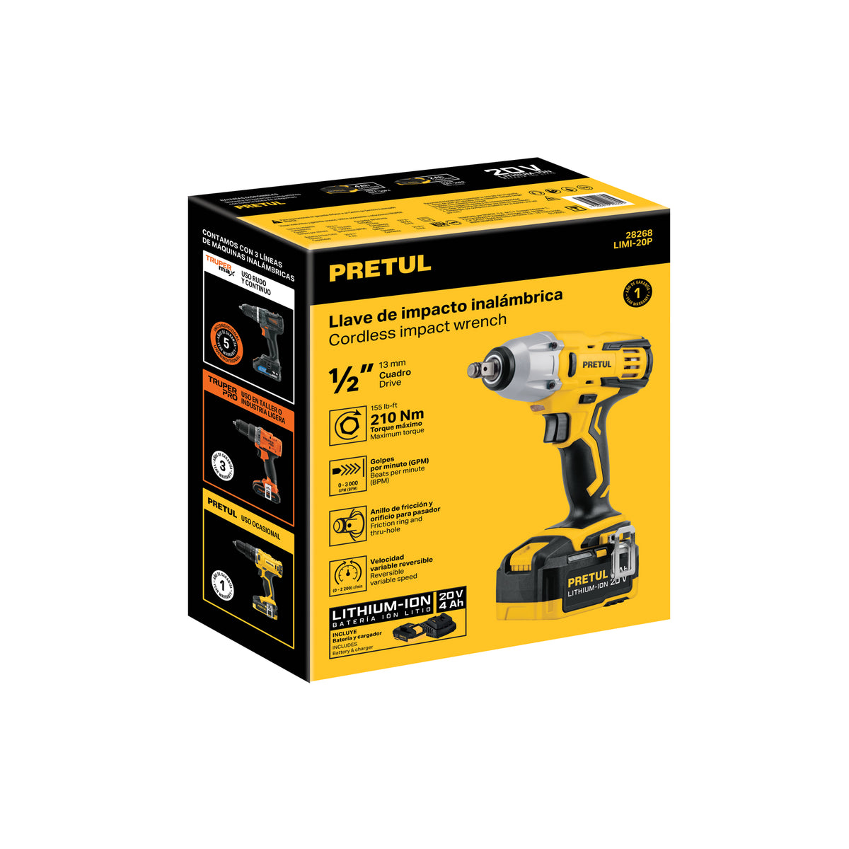 Llave de impacto 1/2”, 20 V, 155 lb/ft, 1 batería 4 Ah, PRETUL