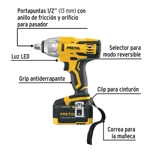 Llave de impacto 1/2”, 20 V, 155 lb/ft, 1 batería 4 Ah, PRETUL