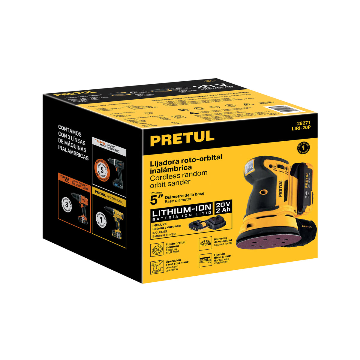 Lijadora roto-orbital 5”, 20 V, 1 batería 2 Ah, PRETUL