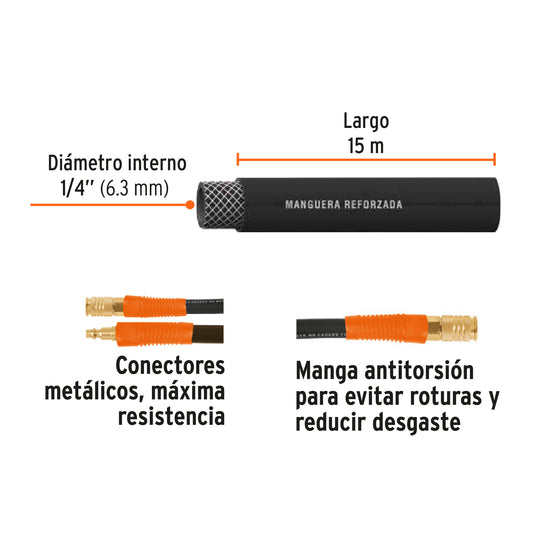 Manguera para compresor de hule, 15 m x 1/4”