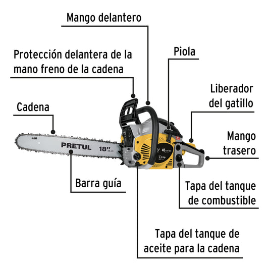 Motosierra 45 cc a gasolina con barra de 18”, PRETUL