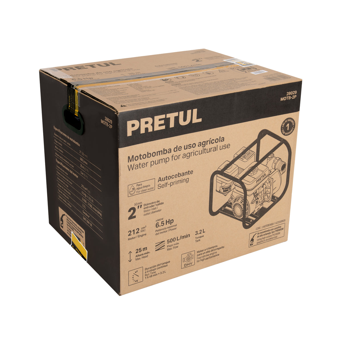 Motobomba autocebante 2” x 2”, gasolina 6-1/2 HP, agrícola, PRETUL