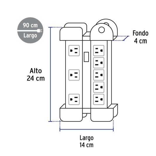 Multicontacto 14 AWG industrial, supresor de picos, 8 entradas
