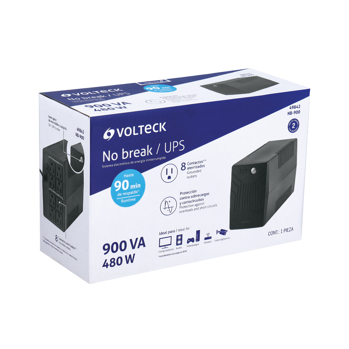 No Break 900 VA / 480 W con 8 contactos, Volteck