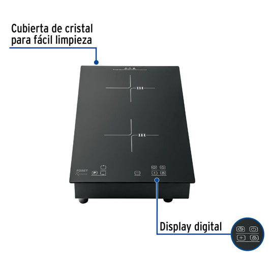 Parrilla inducción empotrable 30 cm, 2 quemadores, vidrio, RIVIERA