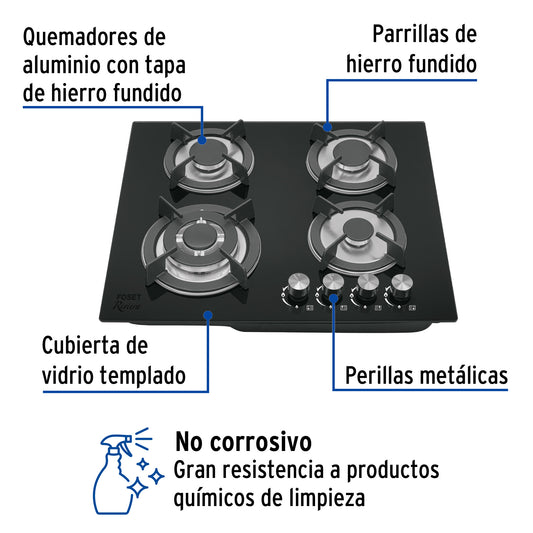 Parrilla gas empotrable 60 cm, 4 quemadores, vidrio negro, RIVIERA
