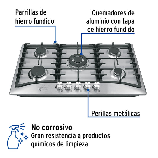 Parrilla gas empotrable 90 cm, 5 quemadores, acero inox, RIVIERA