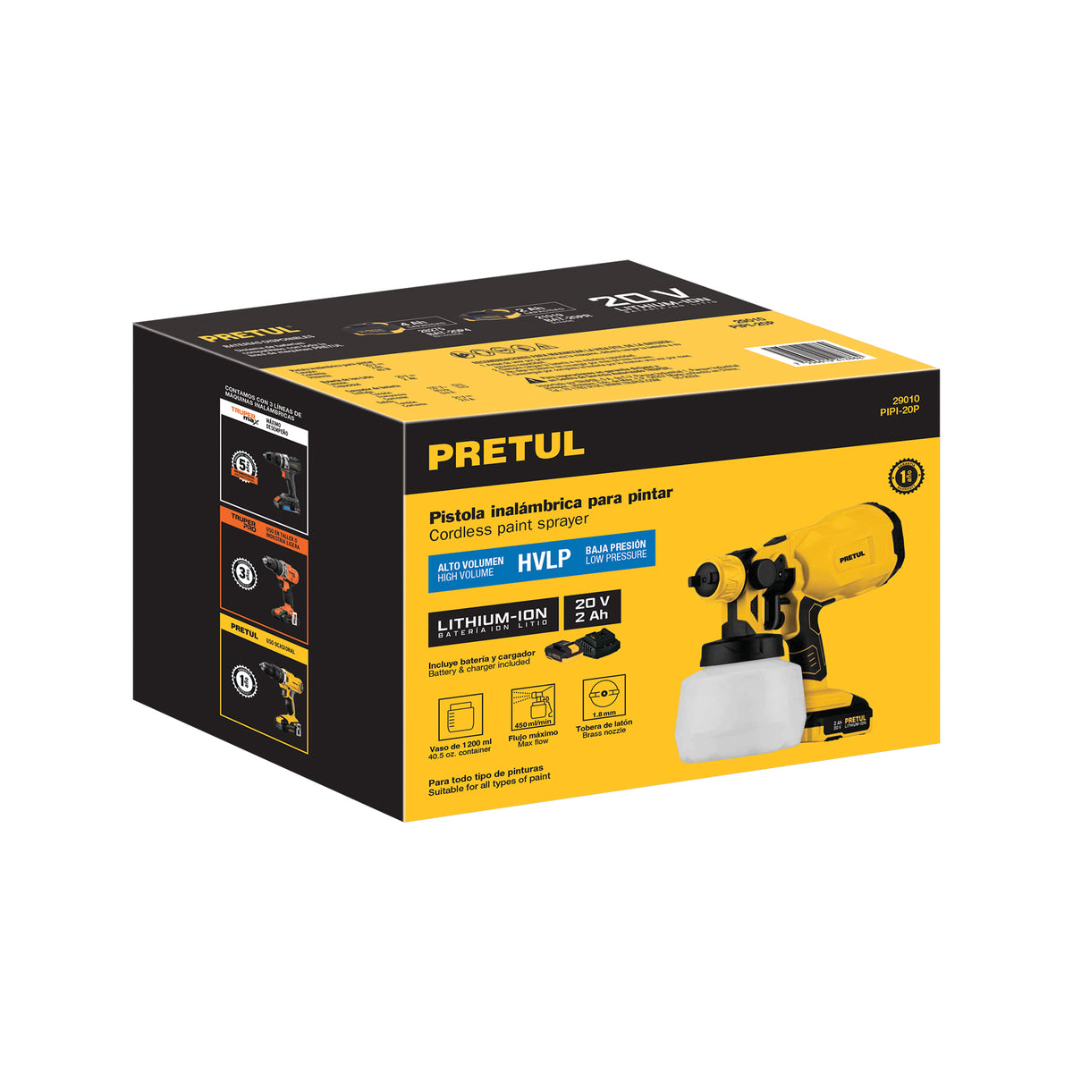 Pistola para pintar 20 V, 1 batería 2 Ah, PRETUL