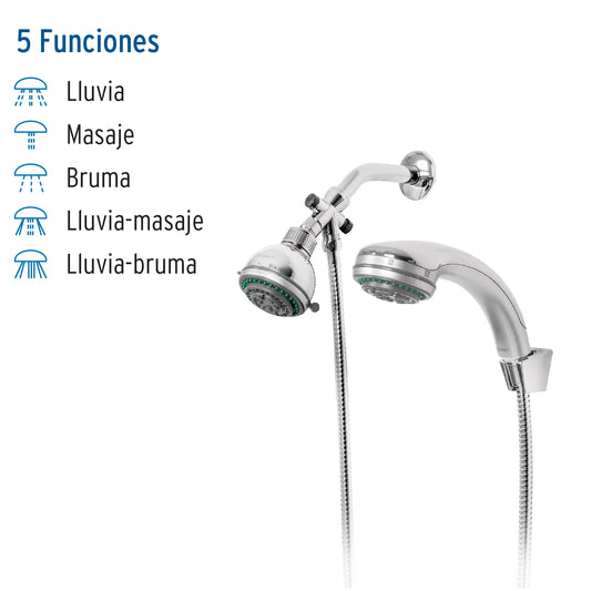 Regadera doble fija y teléfono 3-1/4”, 5 funciones, AQUA