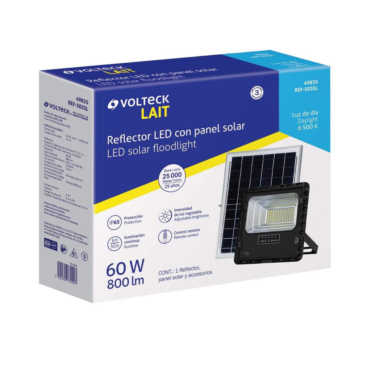 Reflector LED con panel solar 60 W, 6500 K, Volteck