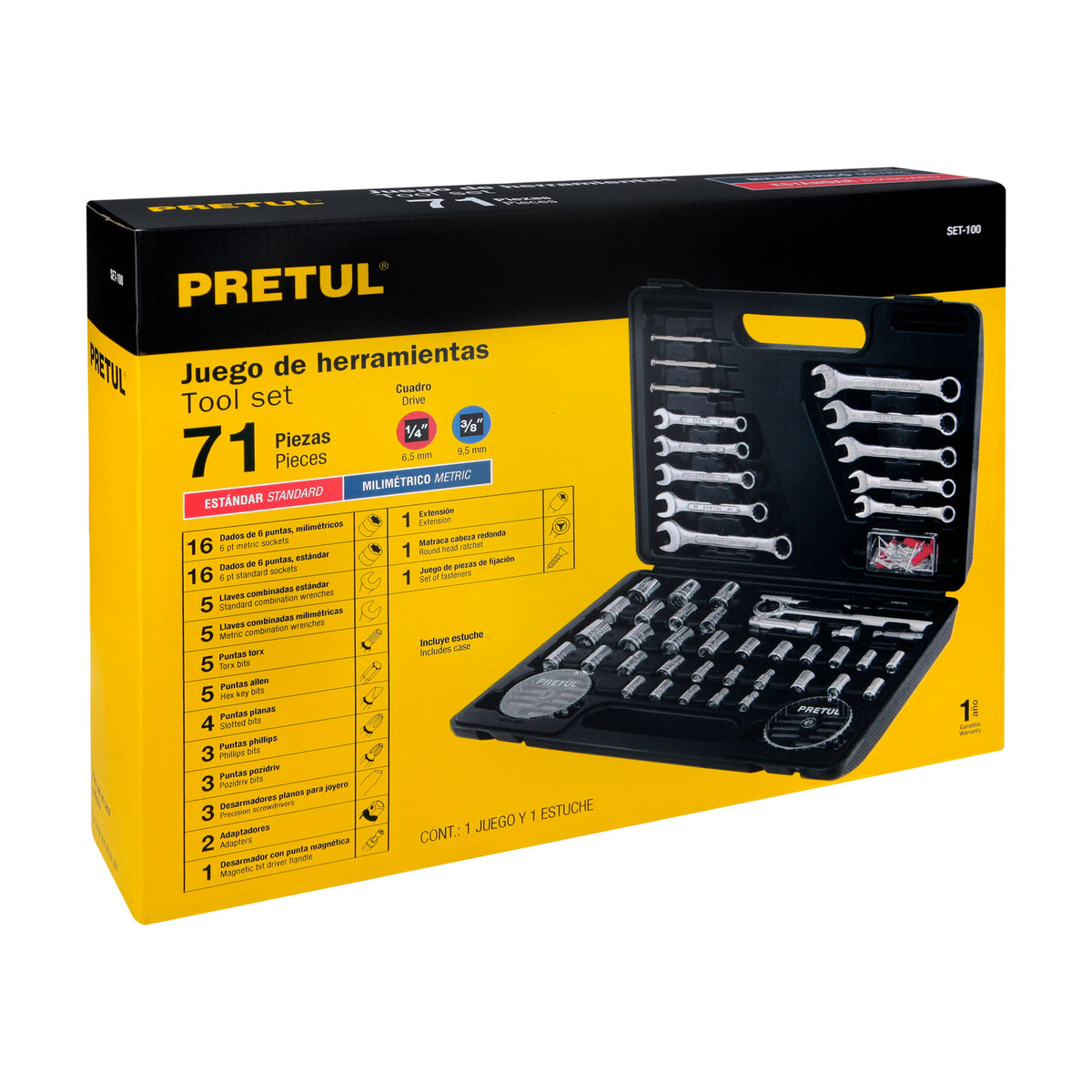 Juego de 71 herramientas 1/4” y 3/8” para mecánico, PRETUL