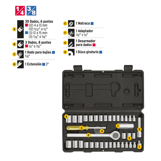 Juego de 39 herramientas 1/4” y 3/8” para mecánico, PRETUL