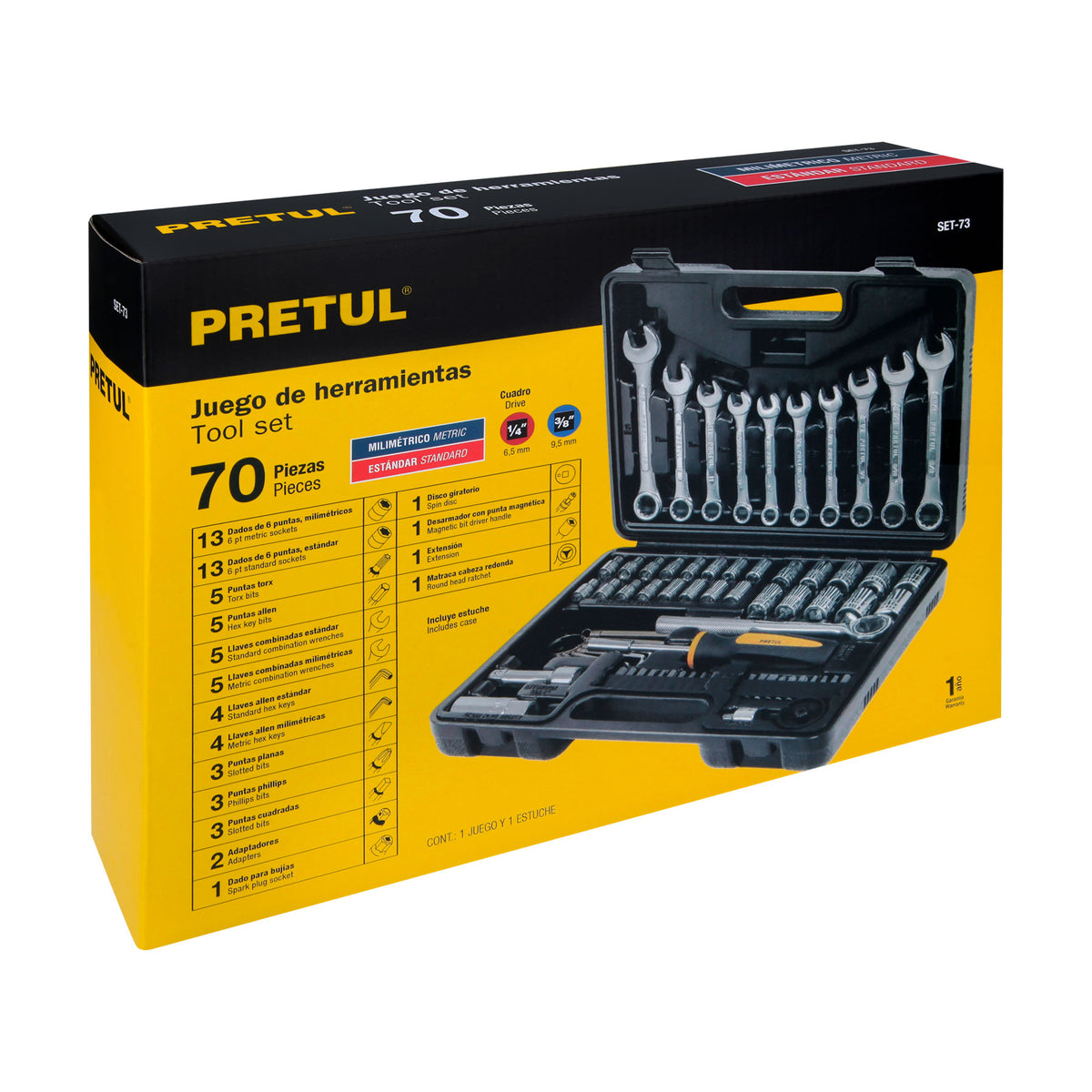 Juego de 70 herramientas 1/4” y 3/8” para mecánico, PRETUL