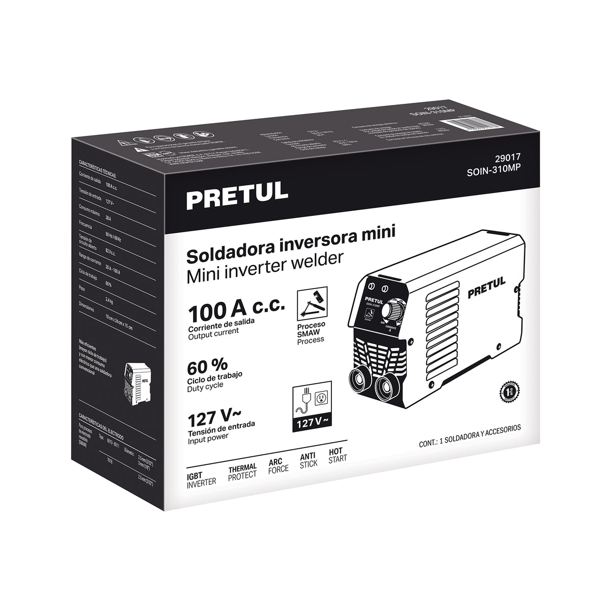 Mini soldadora inversora 100 A, 127 V, Serie 300, PRETUL