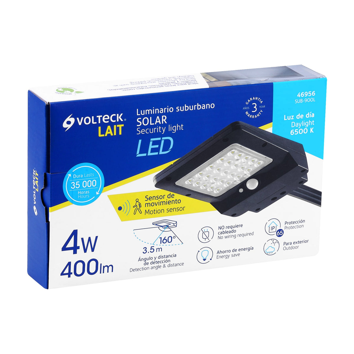 Luminario suburbano solar LED 4 W, 6500 K, con sensor de luz