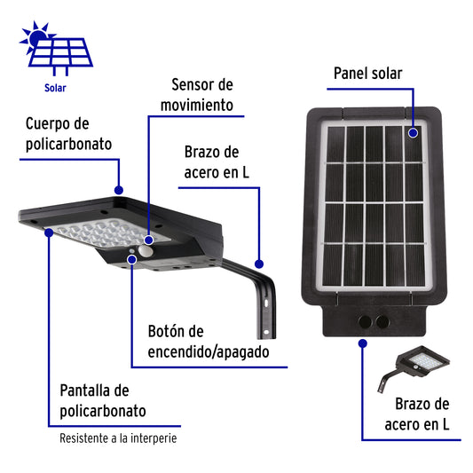 Luminario suburbano solar LED 4 W, 6500 K, con sensor de luz