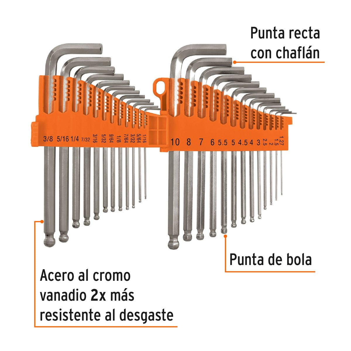 Juego de 25 llaves hexagonales mixtas largas, punta de bola