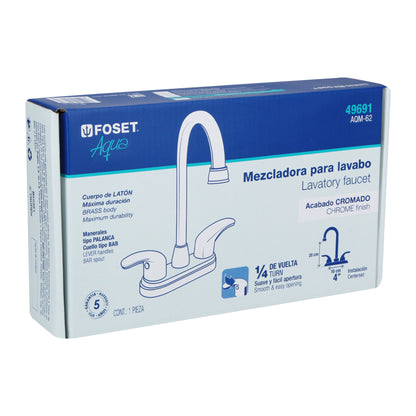 Mezcladora lavabo 4”, cromo, tipo bar, palanca, AQUA