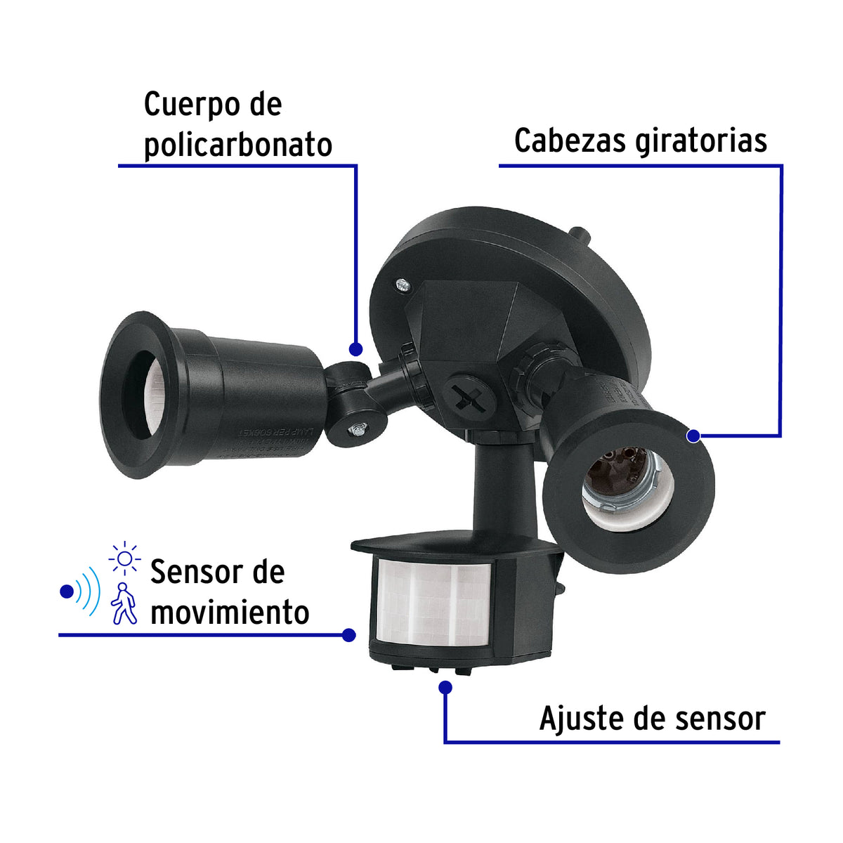Arbotante negro con sensor de movimiento, lámparas no incluidas, Volteck
