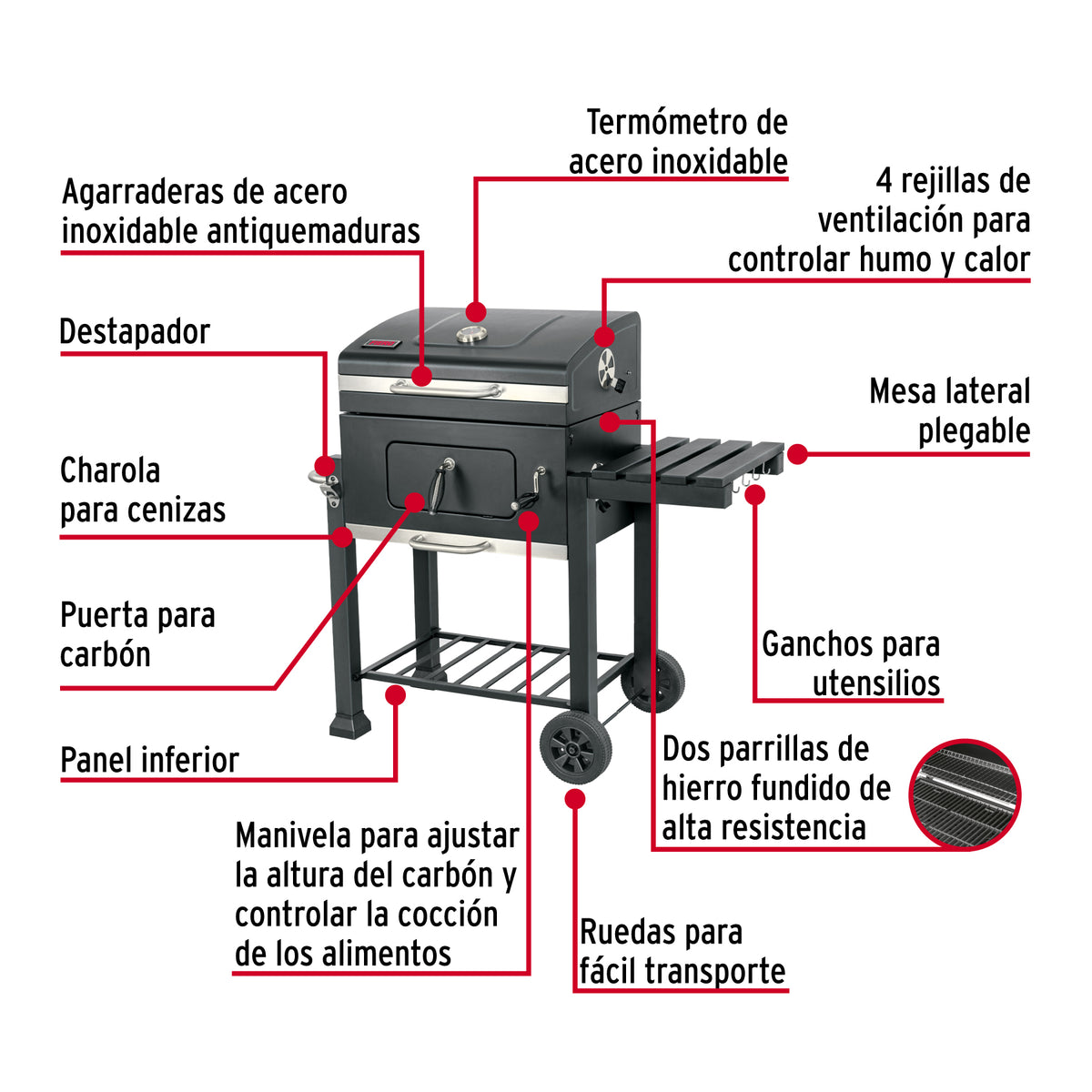 Asador de carbón de 24” con tapa, negro, FIERO