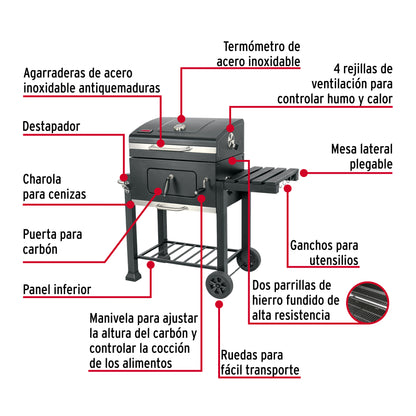 Asador de carbón de 24” con tapa, negro, FIERO