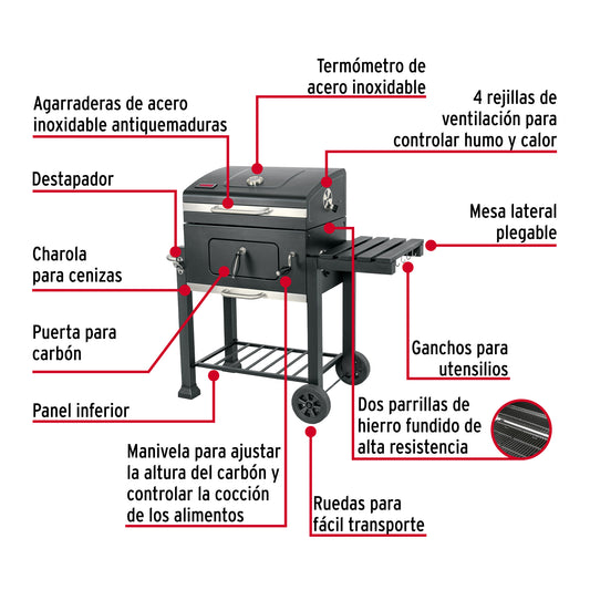 Asador de carbón de 24” con tapa, negro, FIERO