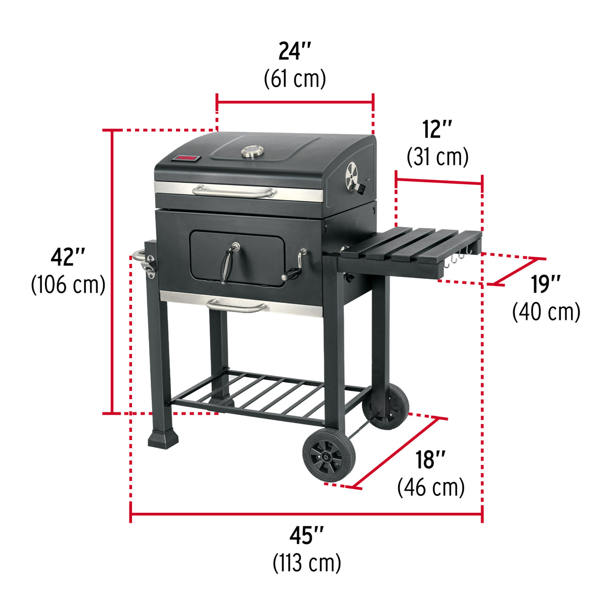 Asador de carbón de 24” con tapa, negro, FIERO